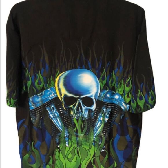 Skull Knucklehead w/Green Flames 
Men’s Large
Motorcycle Biker
by ‘D’ Clothing. - Picture 2 of 4